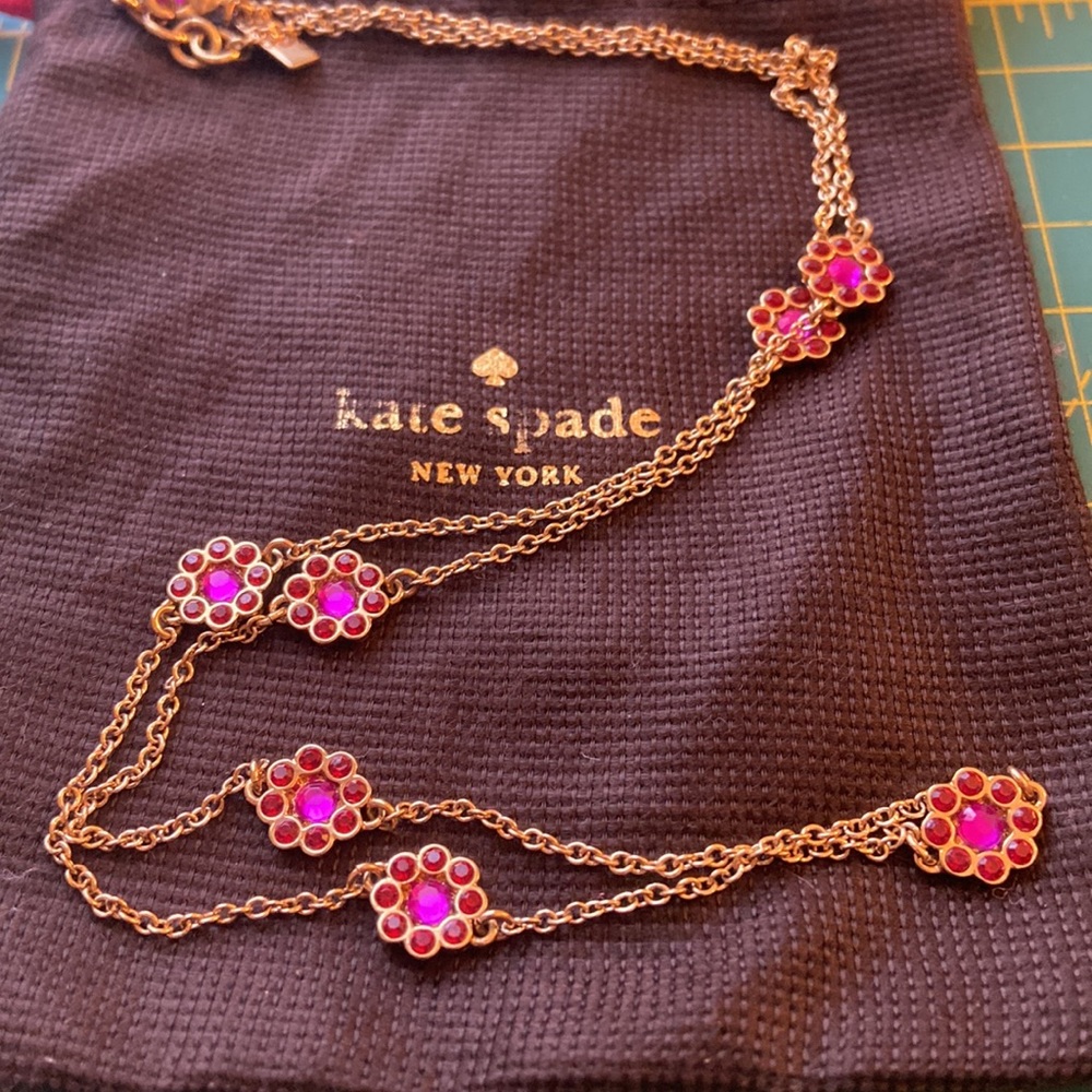 Kate spade gold long chain necklace pink stone flowers 28” long with dust bag
